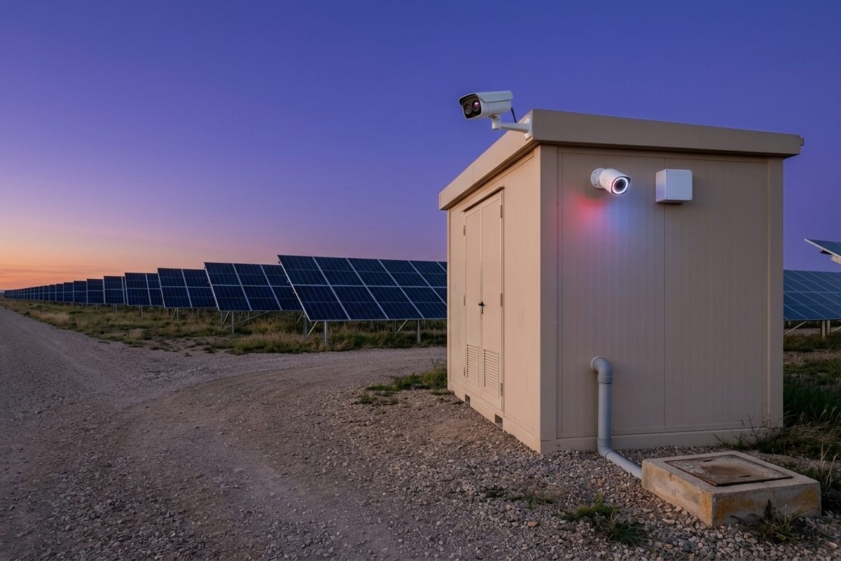 Caseta de transformación de una planta fotovoltaica con cámara térmica dual en el techo, cámara de disuasión encendida y sirena